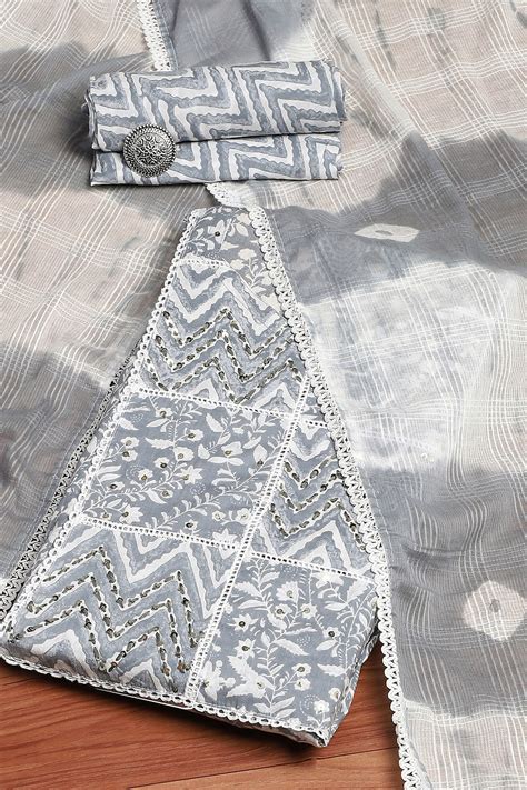 Buy Grey Cotton Floral Printed Unstitched Suit Set Online at Biba India