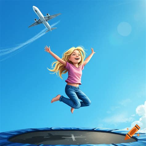 Vibrant cartoon of a blonde girl jumping on a trampoline with an ...