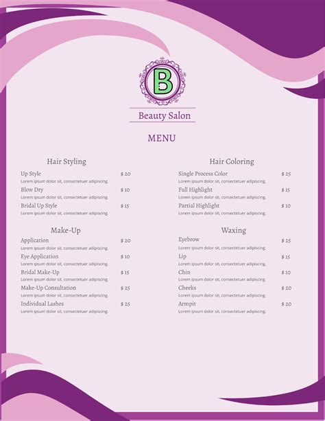Free Salon Menu Templates, Editable and Printable
