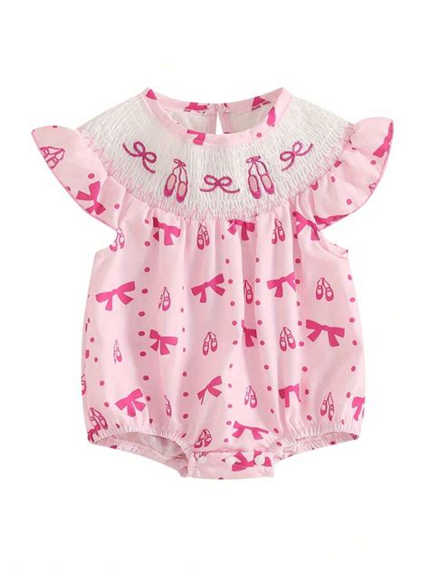 Baby Girl Bow/Dot Romper Shirred Round Neck Fly Sleeve Bodysuit Cute ...