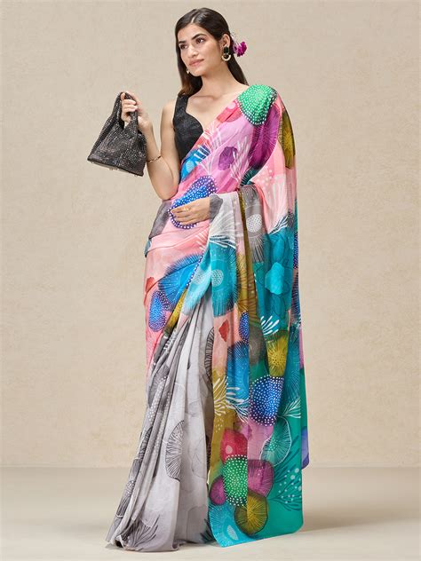 The rainbow reef grey liva crepe saree - navyāsa