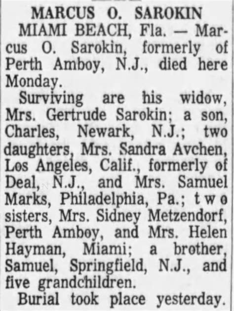 Obituary for MARCUS O. SAROKIN Perth Amboy, Newspaper Archives, Asbury ...