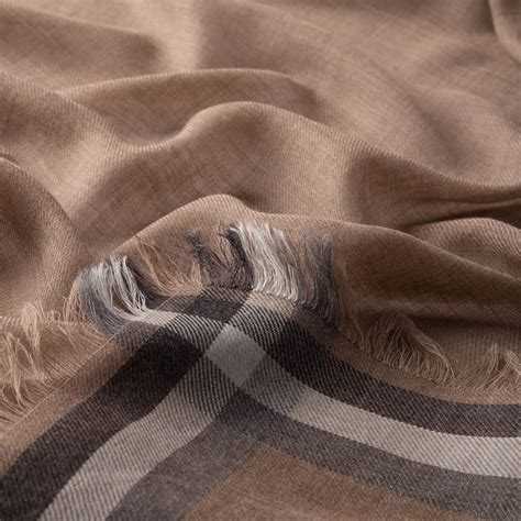 Beige Tartan Border Wool Silk Scarf | Ipekevi