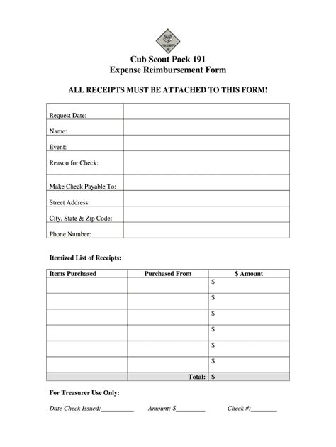 2010-2026 PA Cub Scout Pack 191 Expense Reimbursement Form - Blank ...