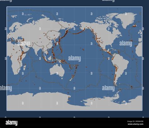 Distribution of known volcanoes on the world solid contour map in the Gall Stereographic ...