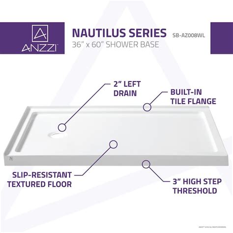 ANZZI Nautilus 60-in W x 36-in L with Left Drain Rectangle Shower Base ...