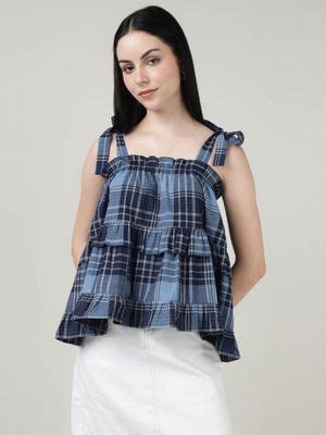 Buy Sands of India Blue Checked Ruffled Top (L) Online