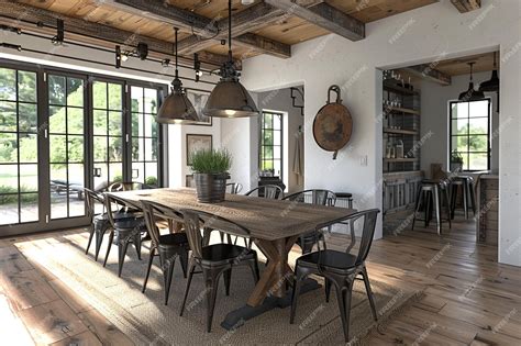 Premium Photo | Modern farmhouse dining room with rustic wood tabl