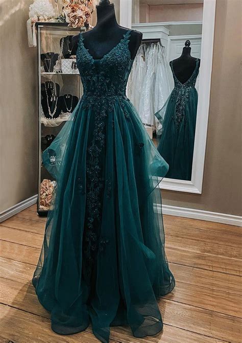 A-line V Neck Lace Tulle Long/Floor-Length Prom Dress With Beading ...