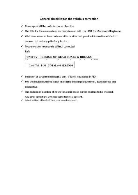 General checklist for the syllabus correction - . ex : IOT for ...