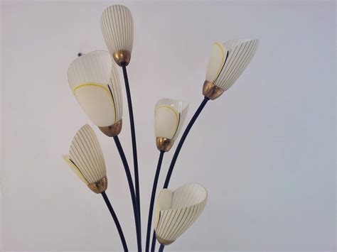 1960`s floor lamp by `Lustrerie Massive`, tulip glass flowers, brass ...