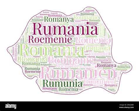 Romania shape filled with country name in many languages. Romania map in word cloud style ...
