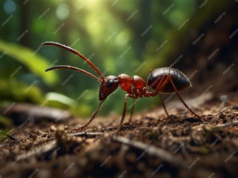 A ant with red markings is on the ground and the word ant on the side ...