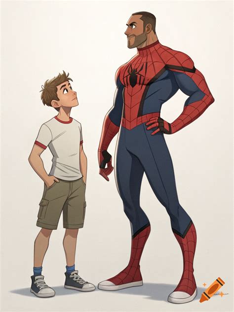 Illustration of a tall Spider-Man figure standing next to a young boy ...