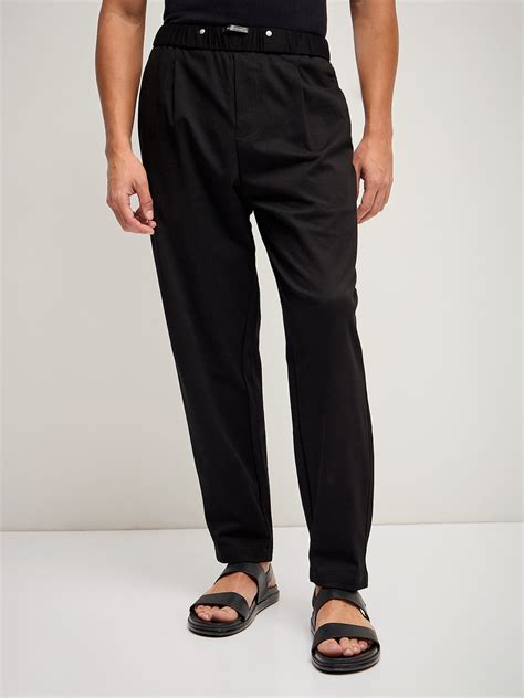 Shop Black Self Design Regular Fit Mid-Rise Casual Pant Online | The ...
