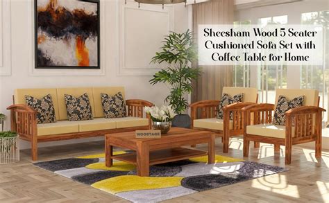 WOODSTAGE Solid Sheesham Wood 5 Seater Cushioned Sofa Set with Coffee ...