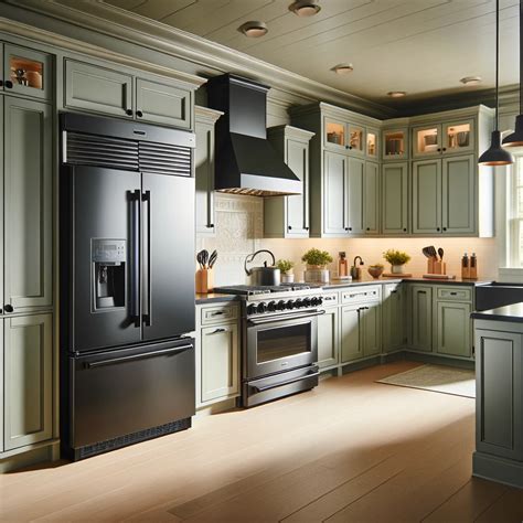 soft sage green kitchen cabinets with black stainless steel ap ...