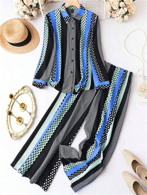 SHEIN Holidaya Plus Polka Dot Print Shirt & Wide Leg Pants | SHEIN USA