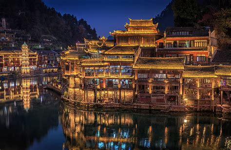 Trees, night, lights, river, home, China, Hunan Province, HD wallpaper | Wallpaperbetter