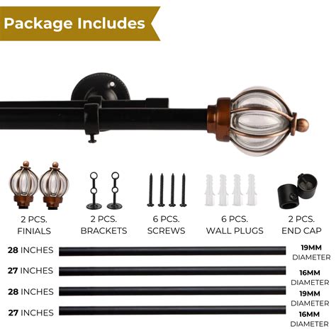 GLASS METAL ROYAL FINIAL EXTENDABLE DOUBLE CURTAIN ROD BLACK 19MM (HAR ...