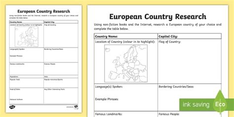 European Country Research Worksheet / Worksheet - Twinkl