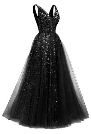 Buy Prom Dresses Long 2024 New Sparkly Sequin Tulle A Line V Neck ...