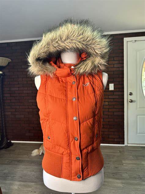 Vintage Hollister Co Orange Puffer Vest With Faux Fur… - Gem
