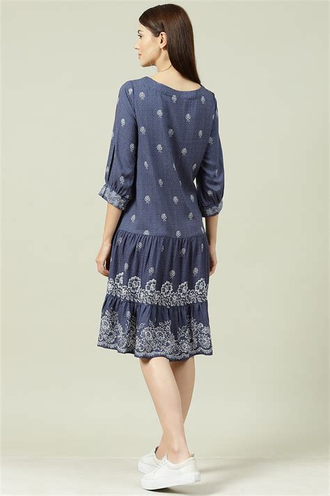 Blue Cotton Flared Fusion Dress