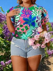 Breezaya Plus Size Round Neck Flower Print Vacation Style Short Sleeve ...