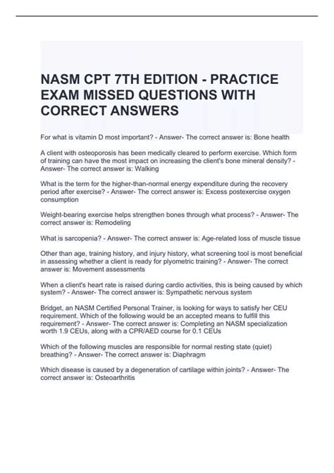NASM CPT 7TH EDITION - PRACTICE EXAM MISSED QUESTIONS WITH CORRECT ...