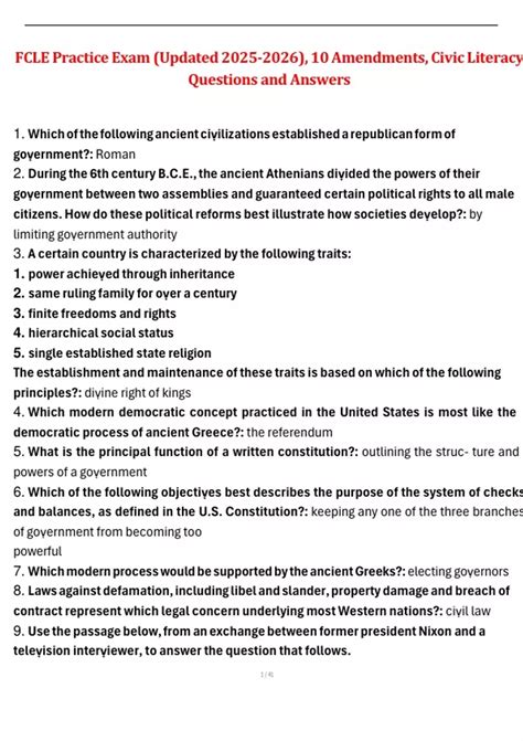 FCLE Practice Exam (Updated ), 10Amendments, Civic Literacy Questions ...