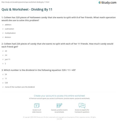 Quiz & Worksheet - Dividing By 11 | Study.com