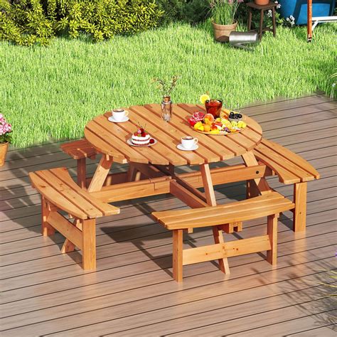 Costway 8-Person Round Picnic Table Set with 4 Built-in Benches 2 ...