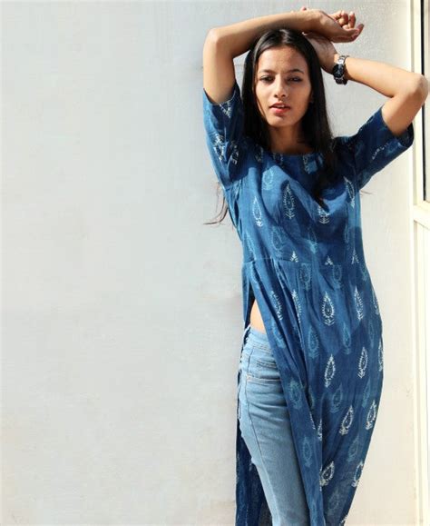 Hand Block Printed Indigo High Slit Maxi Top - Mogra Designs