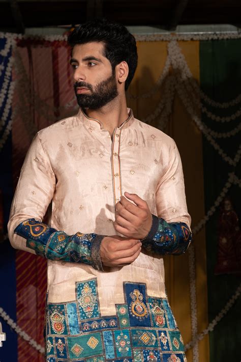 Peach Color Zari Work Embroidery Kurta Pajama For Men @ ₹7999 | Cityvibes