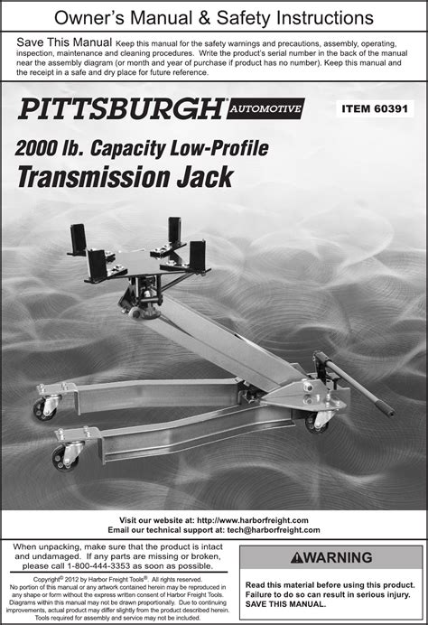 Harbor Freight 2000 Lb Low Profile Transmission Jack Product Manual