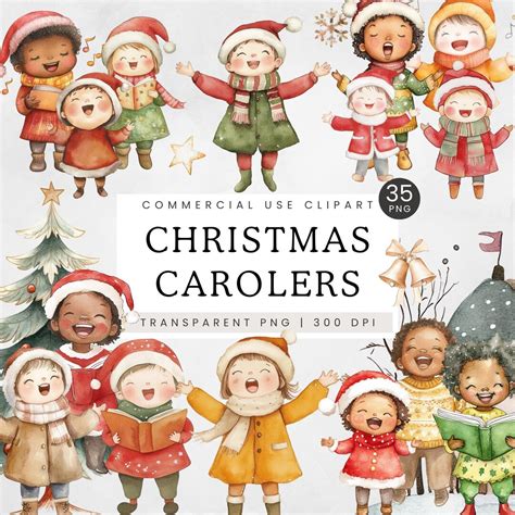 Clipart Christmas Carolers PNG, Watercolor Kids Singing Clip Art, Festive Singers Caroling Xmas ... - drawing of xmas carolers