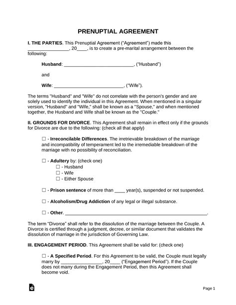 Free Prenuptial (Premarital) Agreement Template - PDF | Word - eForms