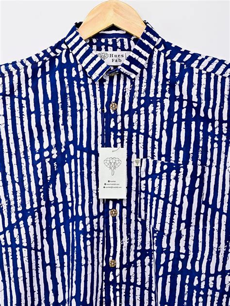 White & Navy Blue Lining Half-Sleeves Shirt