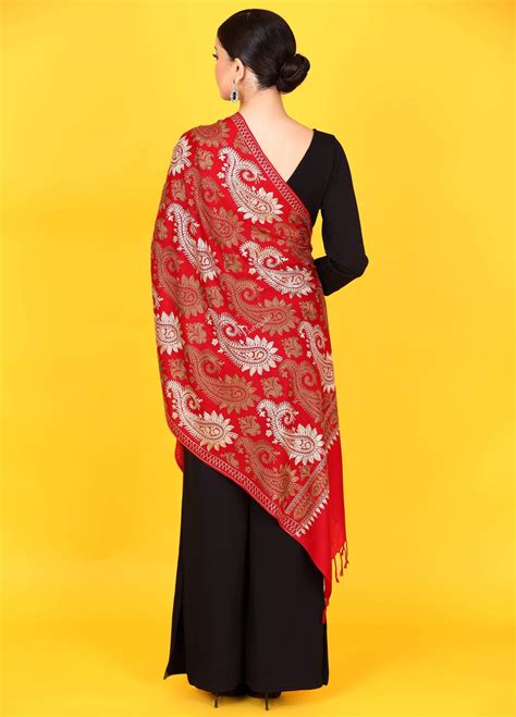 Pashtush Womens Fine Woollen, Silky Thread Nalki Embroidery Stole, Red ...