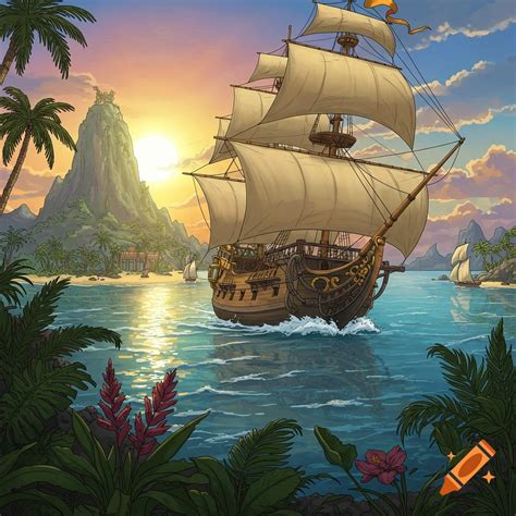 Spanish treasure galleon sailing into a harbor with tropical island on ...
