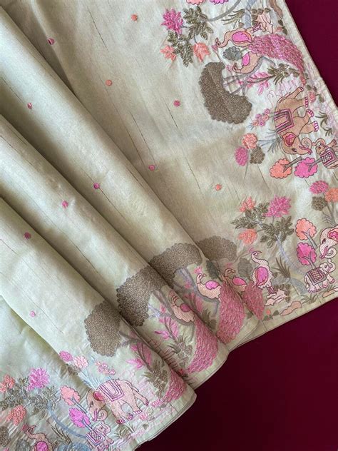 Panache Pista Embroidery Work Tussar Silk Saree With Angelic Blouse Pi ...