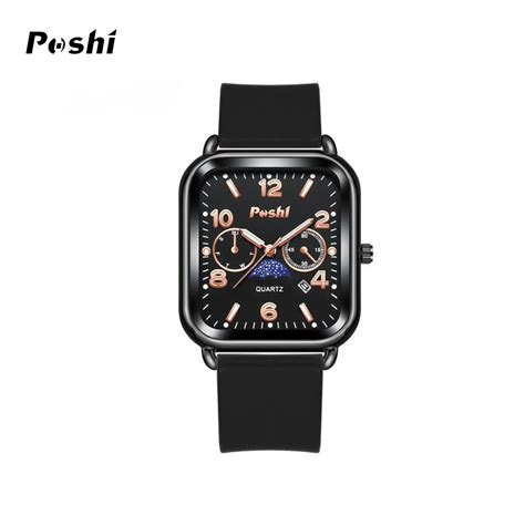 POSHI Men’s Square Quartz Watch with Silicone Strap – Luminous, Calend ...