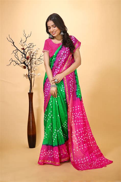 Jashn - Green Pink Bandhani Printed Saree – DoriDhaga