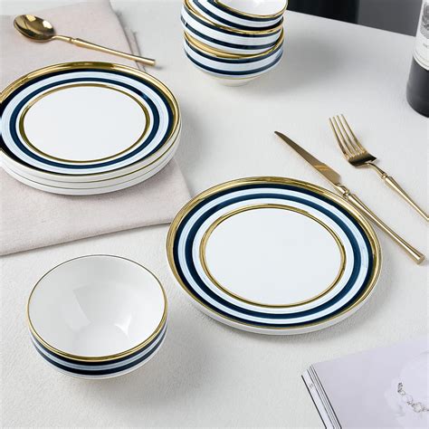 Buy fanquare 8 Porcelain Dessert Plates Set of 4, Blue and Green Stripe ...