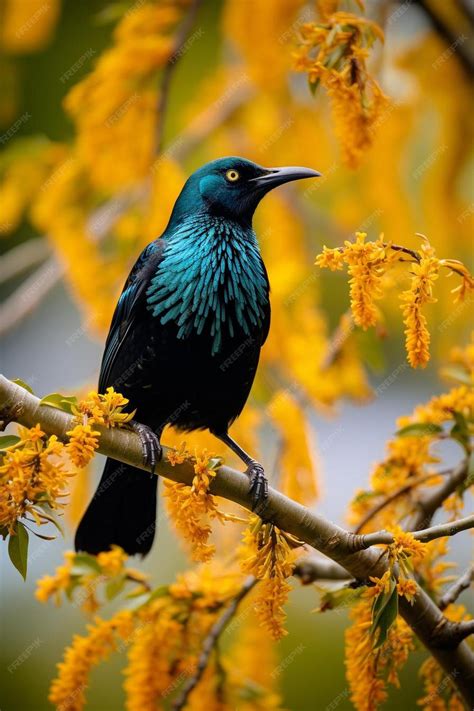 Premium AI Image | new zealand native bird tui is sitting on the branch of kowhai tree