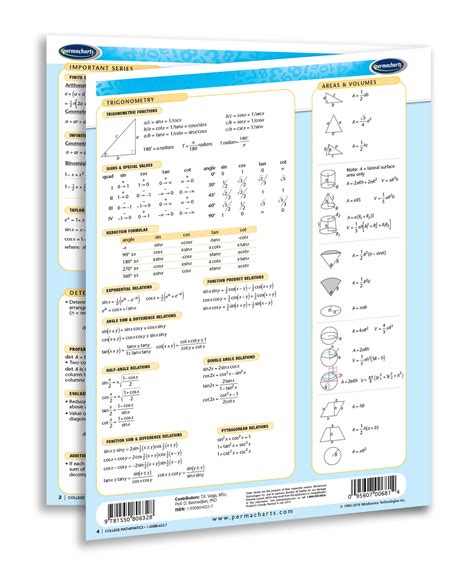 College Mathematics Study Guide - Quick Reference 4 - page Laminated