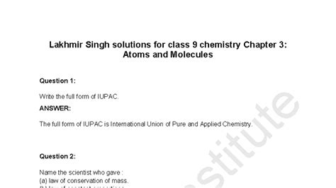 Lakhmir Singh Solutions for Class 9 Chemistry: Chapter 3 - Atoms ...