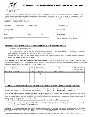 Fillable Online tcl 2014 2015 Independent Verification Worksheet Your ...