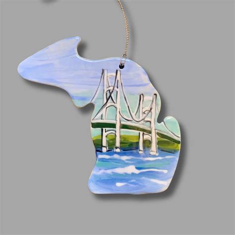 Michigan with Mackinac Bridge Ornament - Heather Lane Pottery